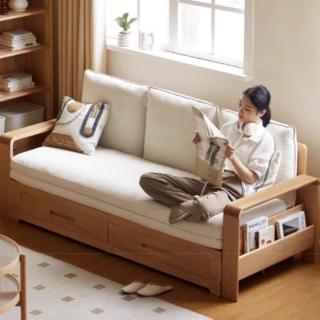 【Taoshop 淘家舖】W - 日式全實木沙發床可折疊兩用沙發多功能橡木儲物伸縮床架W2039-12161m(米白色)