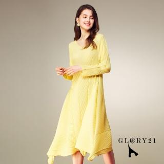 【GLORY21】速達-網路獨賣款-V領斜紋剪接壓摺洋裝(黃色)