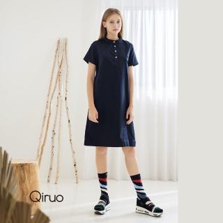 【Qiruo 奇若名品】專櫃日系深藍洋裝3265F 立領優雅氣質(立)