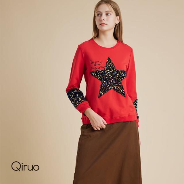 【Qiruo 奇若名品】秋冬專櫃紅色上衣1166A 亮鑽星星設計(優雅氣質百搭上衣袖)