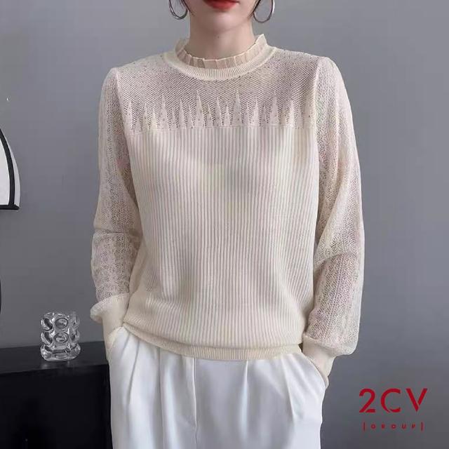 【2CV】現貨 冬新品 高級感貼鑽蕾絲袖針織上衣QU219