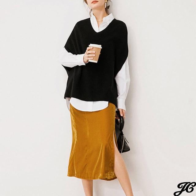 【JC Collection】羊毛混紡質感V領寬鬆垂袖針織毛衣背心(黑、卡其)