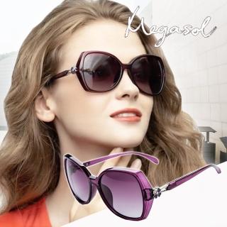 【MEGASOL】UV400防眩偏光太陽眼鏡時尚女仕大框矩方框墨鏡(精緻水鑽幸運四葉草鏡架1837-4色選)