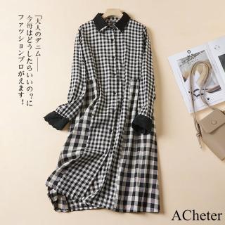 【ACheter】韓版寬鬆大碼時尚花邊格子棉麻感襯衫長袖中長版洋裝#120697(格子)