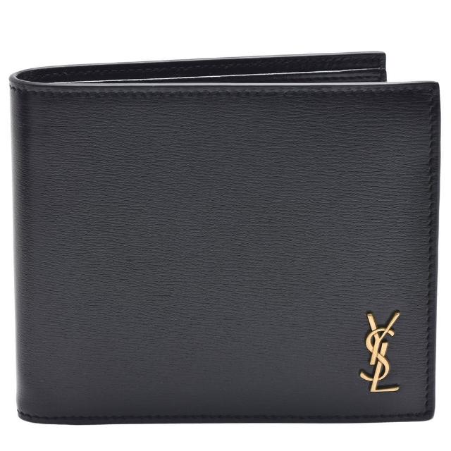 【YSL】經典金色品牌LOGO小牛皮摺疊短夾(黑色607727-02G0W-1000)