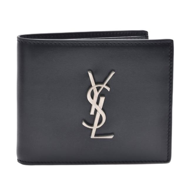 【YSL】經典銀色品牌LOGO小牛皮摺疊短夾(黑色453276-0SX0E-1000)