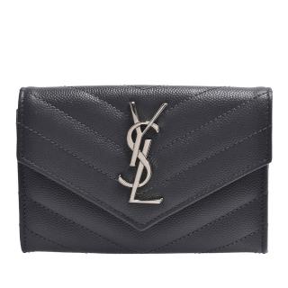 【YSL】MONOGRAM系列V字縫線小牛皮銀色金屬LOGO暗釦零錢包(灰色414404-BOW02-1112)