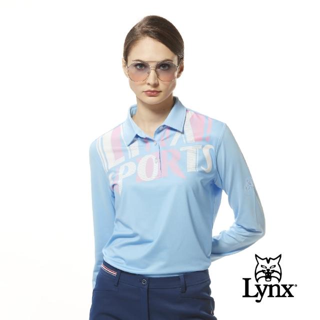 【Lynx Golf】女款吸濕排汗機能個性潮流LOGO字樣印花長袖POLO衫(淺藍色)