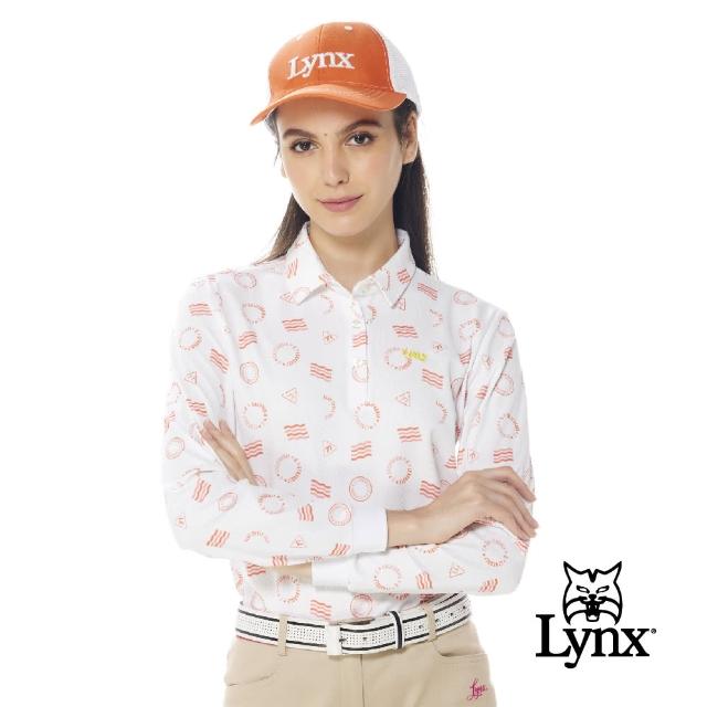 【Lynx Golf】女款吸濕排汗機能滿版波浪線圓形LOGO印花長袖POLO衫(粉紅色)