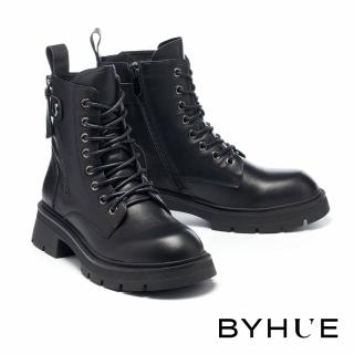 【BYHUE】個性質感拉鍊牛皮綁帶軟芯厚底短靴(黑)