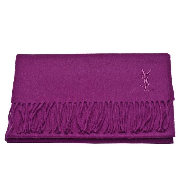 【YSL】經典品牌LOGO刺繡羊毛流蘇圍巾(紫色1259024-PURPEL)