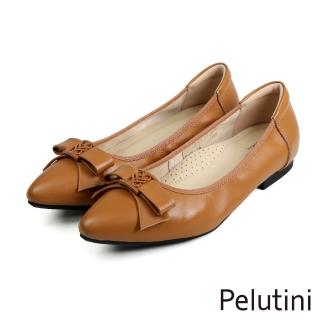 【Pelutini】經典小羊皮蝴蝶結釦飾淑女低跟鞋 棕色(331026W-BR)