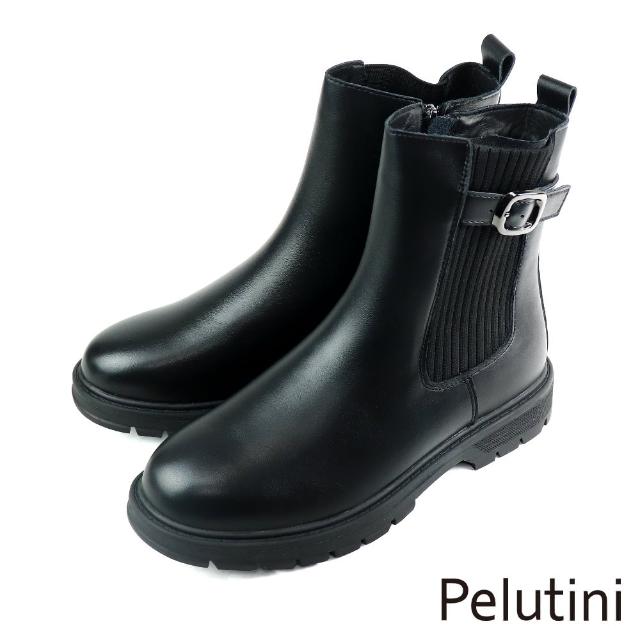 【Pelutini】經典拼接襪套馬汀真皮中筒靴 黑色(337003W-BL)