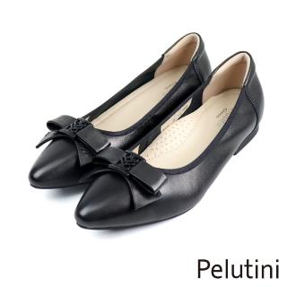 【Pelutini】經典小羊皮蝴蝶結釦飾淑女低跟鞋 黑色(331026W-BL)
