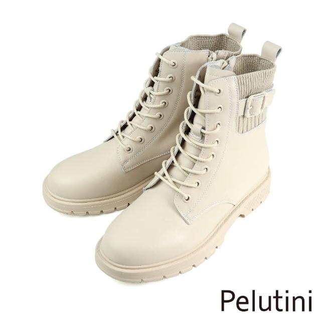 【Pelutini】經典綁帶拼接襪套馬汀真皮短靴 象牙白(PE2019W-IV)