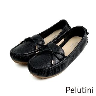 【Pelutini】經典超柔軟皮製蝴蝶結裝飾豆豆鞋 黑色(335049W-BL)