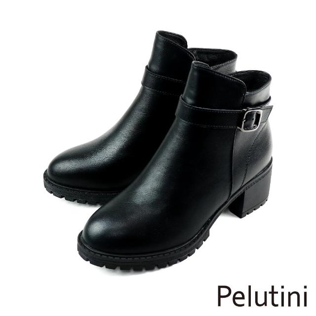 【Pelutini】經典拉鍊釦環造型圓頭真皮短靴 黑色(337005W-BL)
