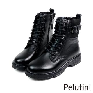 【Pelutini】經典綁帶拼接襪套馬汀真皮短靴 黑色(PE2019W-BL)