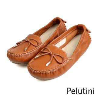 【Pelutini】經典超柔軟皮製蝴蝶結裝飾豆豆鞋 棕色(335049W-BR)