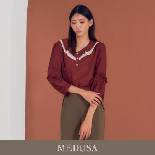 【MEDUSA 曼度莎】I”care 紅白小荷葉裝飾上衣（F）｜女長袖 上衣 新品(207-11401)