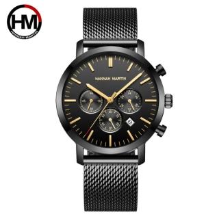 【HANNAH MARTIN】多功能商務錶-黑面黑鋼帶(HM-1093黑)