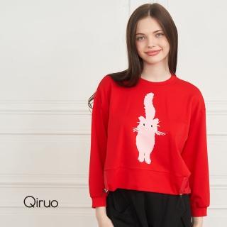 【Qiruo 奇若名品】秋冬專櫃紅色上衣2085A 可愛貓咪圖(胸前圖案簡約設計長袖)