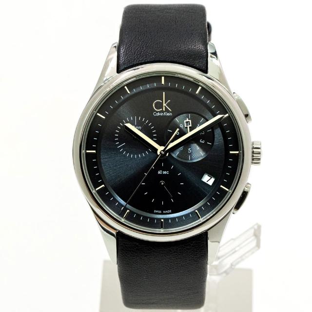【Calvin Klein 凱文克萊】紳士經典三眼計時皮革腕錶/黑x銀框(K2A27161)