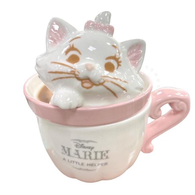 【小禮堂】迪士尼 瑪麗貓 陶瓷馬克杯附蓋 240ml - 白粉泡湯款(平輸品)