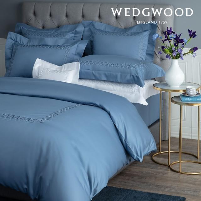 【WEDGWOOD】600織長纖棉六角菱格刺繡 鬆緊床包-雋永系列 灰瓦藍(雙人)