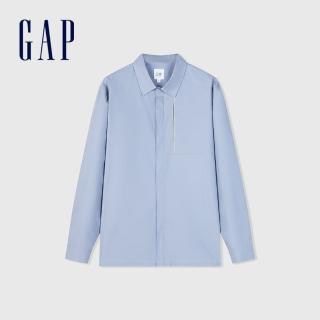 【GAP】男裝 Logo純棉翻領長袖襯衫-藍色(885853)