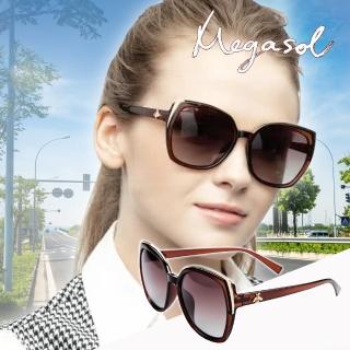 【MEGASOL】UV400防眩偏光太陽眼鏡時尚女仕大框矩方框墨鏡(精品大框鍍金蜜蜂鏡架-1916)