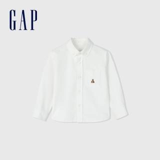 【GAP】男幼童裝 Logo純棉小熊刺繡翻領長袖襯衫-白色(890337)