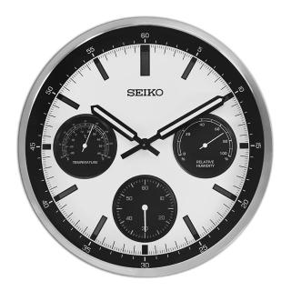 【SEIKO 精工】33cm 熊貓錶造型 溫度溼度 滑動式秒針 餐廳客廳臥室 掛鐘/SK048(白黑x銀框 / QXA823S)