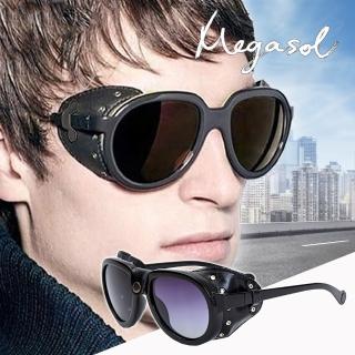 【MEGASOL】UV400防眩偏光太陽眼鏡時尚男女中性大框墨鏡(龐克PU皮覆蓋式粗框大框0090-多色選)