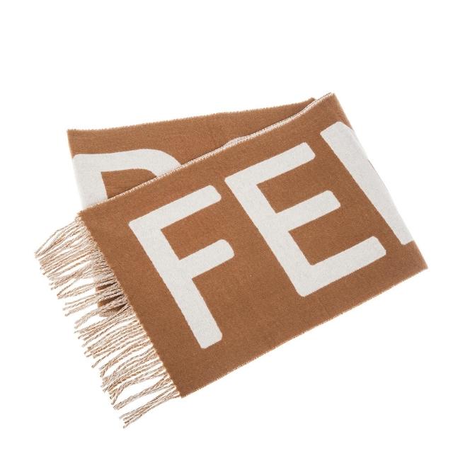 【FENDI 芬迪】新款撞色FENDI ROMA 圖案羊絨流蘇圍巾(淺褐色/白色)