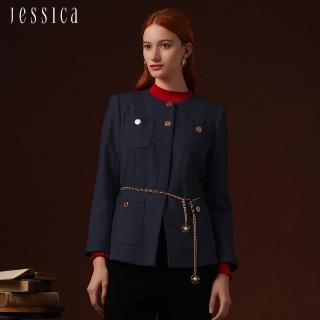 【JESSICA】氣質修身羊毛口袋圖領小香風外套235001（藍）