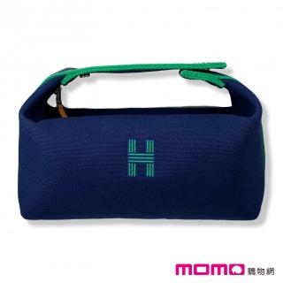 【Hermes 愛馬仕】小款 帆布 手提包/收納袋/化妝包(深藍 x 綠色)