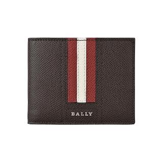【BALLY】BALLY TEVYE銀字LOGO牛皮6卡短夾(咖啡x紅白條紋)