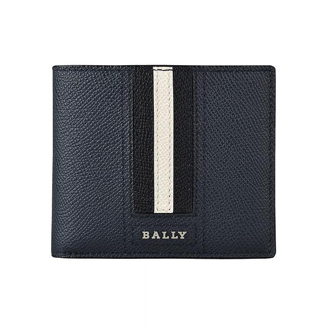 【BALLY】BALLY TONETT銀字LOGO牛皮5卡短夾(深藍x黑白條紋)