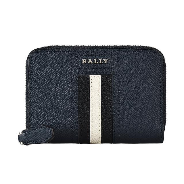 【BALLY】BALLY TIVY銀字LOGO牛皮2卡拉鍊零錢包(黑白黑條紋x深藍)