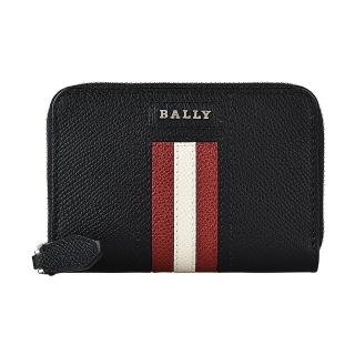 【BALLY】BALLY TIVY銀字LOGO牛皮2卡拉鍊零錢包(紅白紅條紋x黑)