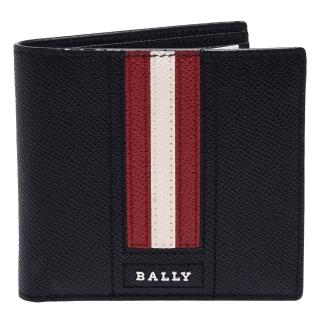 【BALLY】經典紅白紅條紋荔枝紋牛皮摺疊包短夾(黑X紅6224898)