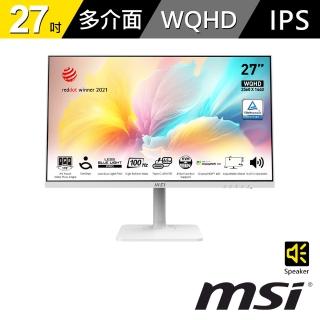 【MSI 微星】MD272QXPW 27型 IPS WQHD 100Hz 美型螢幕-白(Type-C/內建喇叭/TUV護眼)