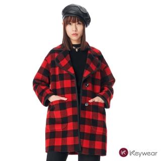 【KeyWear 奇威名品】紅色格紋羊毛大衣(紅色)