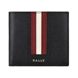 【BALLY】BALLY TRASAI銀字LOGO牛皮飾黑白條紋8卡對折短夾(黑)