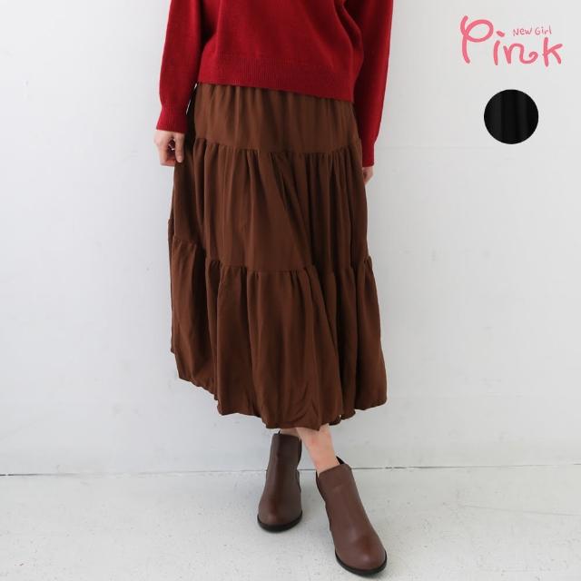 【PINK NEW GIRL】個性皮革造型腰帶蛋糕長裙 J6601SD(2色)