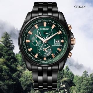 【CITIZEN 星辰】GENTS廣告款 光動能 電波對時不鏽鋼腕錶-綠44mm(AT9128-87X)