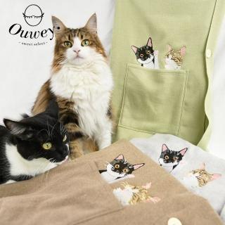 【OUWEY 歐薇】品牌貓咪刺繡圖案流蘇下擺披肩圍巾3214169021(灰/淺綠/卡其)