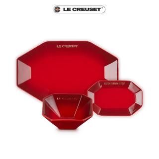 【Le Creuset】瓷器櫻桃紅八角碟盤三件組(八角碟12cm+八角盤14cm+八角盤28cm)
