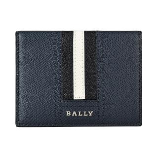 【BALLY】BALLY TALDER銀字LOGO牛皮6卡對折卡片名片夾(黑白黑條紋x深藍)